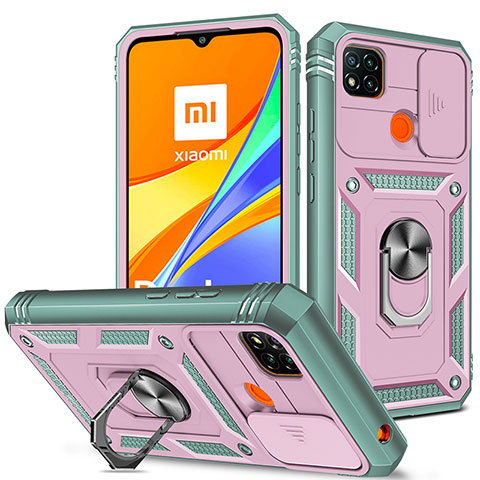 Funda Bumper Silicona y Plastico Mate Carcasa con Magnetico Anillo de dedo Soporte MQ5 para Xiaomi Redmi 9 India Rosa Roja