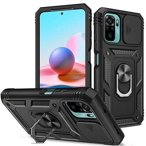 Funda Bumper Silicona y Plastico Mate Carcasa con Magnetico Anillo de dedo Soporte MQ5 para Xiaomi Redmi Note 10 4G Negro