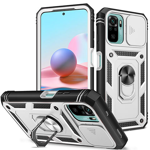 Funda Bumper Silicona y Plastico Mate Carcasa con Magnetico Anillo de dedo Soporte MQ5 para Xiaomi Redmi Note 10S 4G Blanco