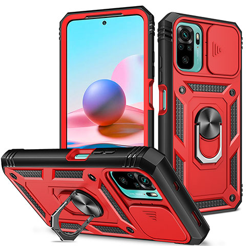 Funda Bumper Silicona y Plastico Mate Carcasa con Magnetico Anillo de dedo Soporte MQ5 para Xiaomi Redmi Note 10S 4G Rojo