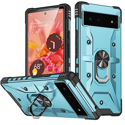 Funda Bumper Silicona y Plastico Mate Carcasa con Magnetico Anillo de dedo Soporte MQ6 para Google Pixel 6 5G Azul Cielo