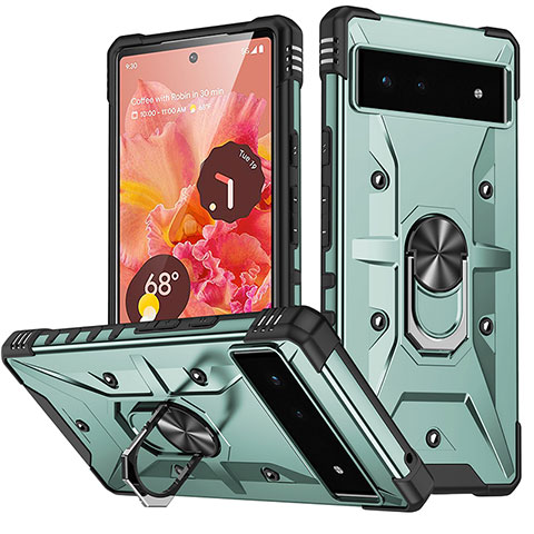 Funda Bumper Silicona y Plastico Mate Carcasa con Magnetico Anillo de dedo Soporte MQ6 para Google Pixel 6 5G Menta Verde