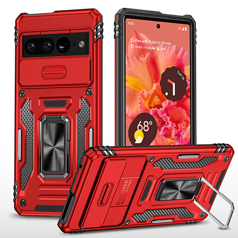 Funda Bumper Silicona y Plastico Mate Carcasa con Magnetico Anillo de dedo Soporte MQ6 para Google Pixel 7 Pro 5G Rojo