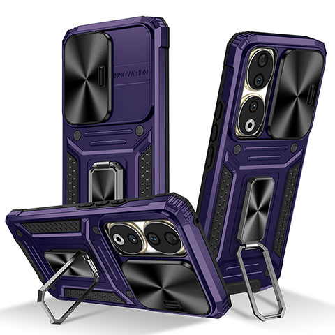 Funda Bumper Silicona y Plastico Mate Carcasa con Magnetico Anillo de dedo Soporte MQ6 para Huawei Honor 90 5G Morado