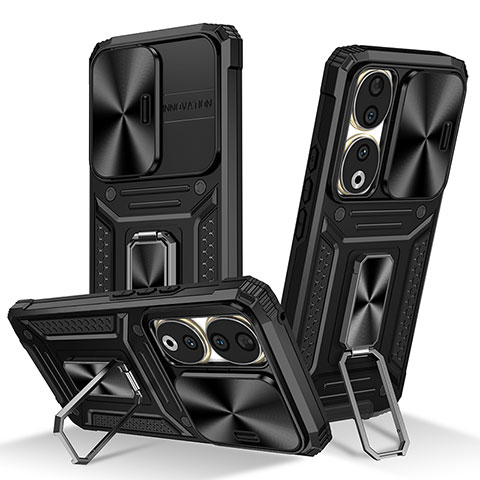 Funda Bumper Silicona y Plastico Mate Carcasa con Magnetico Anillo de dedo Soporte MQ6 para Huawei Honor 90 5G Negro