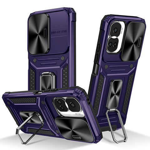 Funda Bumper Silicona y Plastico Mate Carcasa con Magnetico Anillo de dedo Soporte MQ6 para Huawei Honor 90 Lite 5G Morado