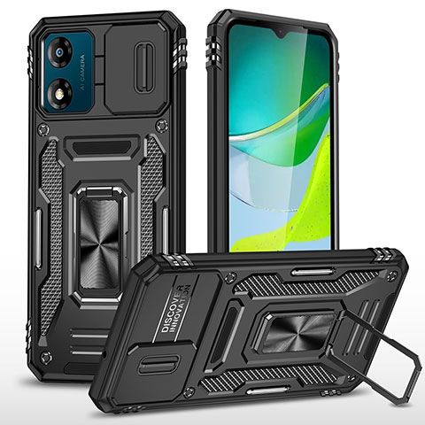 Funda Bumper Silicona y Plastico Mate Carcasa con Magnetico Anillo de dedo Soporte MQ6 para Motorola Moto E13 Negro