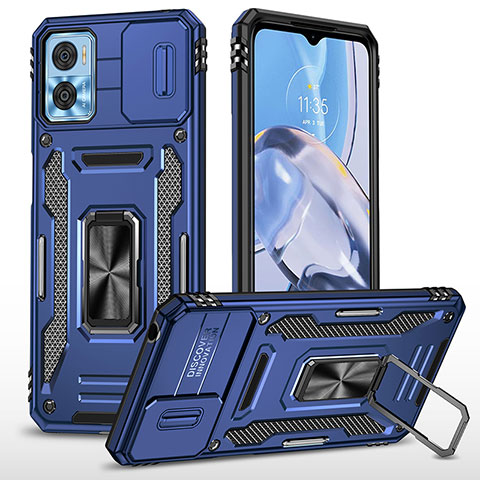 Funda Bumper Silicona y Plastico Mate Carcasa con Magnetico Anillo de dedo Soporte MQ6 para Motorola Moto E22 Azul