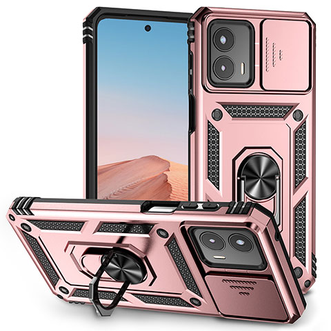 Funda Bumper Silicona y Plastico Mate Carcasa con Magnetico Anillo de dedo Soporte MQ6 para Motorola Moto G 5G (2023) Oro Rosa