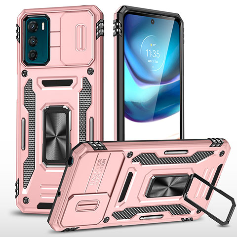 Funda Bumper Silicona y Plastico Mate Carcasa con Magnetico Anillo de dedo Soporte MQ6 para Motorola Moto G42 Oro Rosa