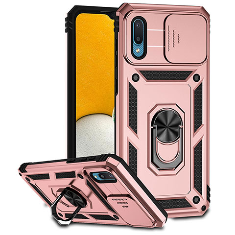 Funda Bumper Silicona y Plastico Mate Carcasa con Magnetico Anillo de dedo Soporte MQ6 para Samsung Galaxy A02 Oro Rosa