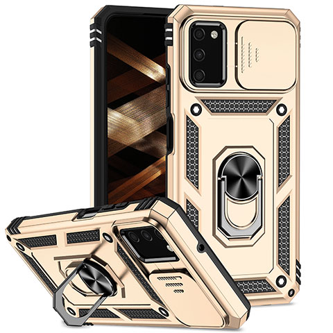 Funda Bumper Silicona y Plastico Mate Carcasa con Magnetico Anillo de dedo Soporte MQ6 para Samsung Galaxy A02s Oro