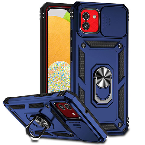 Funda Bumper Silicona y Plastico Mate Carcasa con Magnetico Anillo de dedo Soporte MQ6 para Samsung Galaxy A03 Azul