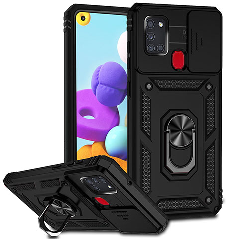 Funda Bumper Silicona y Plastico Mate Carcasa con Magnetico Anillo de dedo Soporte MQ6 para Samsung Galaxy A21s Negro