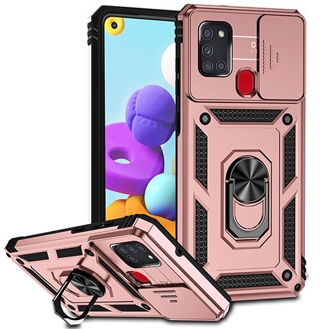 Funda Bumper Silicona y Plastico Mate Carcasa con Magnetico Anillo de dedo Soporte MQ6 para Samsung Galaxy A21s Oro Rosa