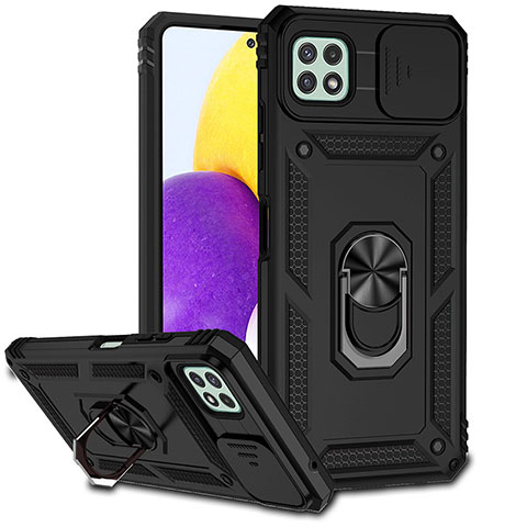 Funda Bumper Silicona y Plastico Mate Carcasa con Magnetico Anillo de dedo Soporte MQ6 para Samsung Galaxy A22s 5G Negro