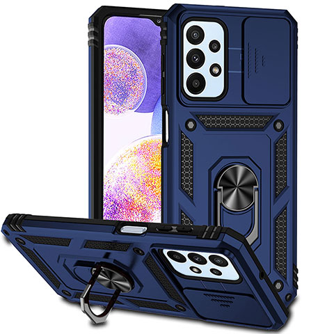 Funda Bumper Silicona y Plastico Mate Carcasa con Magnetico Anillo de dedo Soporte MQ6 para Samsung Galaxy A23 4G Azul