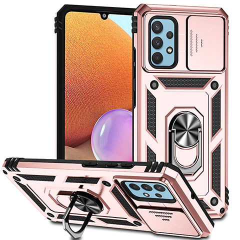 Funda Bumper Silicona y Plastico Mate Carcasa con Magnetico Anillo de dedo Soporte MQ6 para Samsung Galaxy A32 4G Oro Rosa