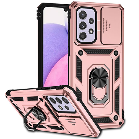 Funda Bumper Silicona y Plastico Mate Carcasa con Magnetico Anillo de dedo Soporte MQ6 para Samsung Galaxy A33 5G Oro Rosa