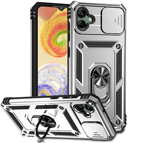 Funda Bumper Silicona y Plastico Mate Carcasa con Magnetico Anillo de dedo Soporte MQ6 para Samsung Galaxy F04 Plata