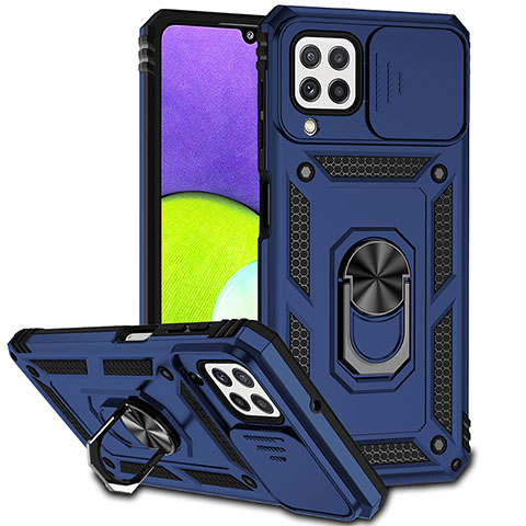 Funda Bumper Silicona y Plastico Mate Carcasa con Magnetico Anillo de dedo Soporte MQ6 para Samsung Galaxy M32 4G Azul