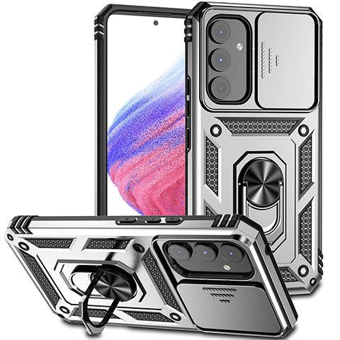 Funda Bumper Silicona y Plastico Mate Carcasa con Magnetico Anillo de dedo Soporte MQ6 para Samsung Galaxy Quantum4 5G Plata