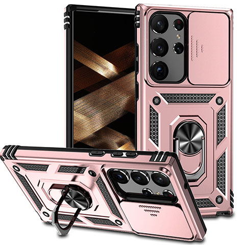 Funda Bumper Silicona y Plastico Mate Carcasa con Magnetico Anillo de dedo Soporte MQ6 para Samsung Galaxy S24 Ultra 5G Oro Rosa