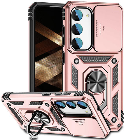 Funda Bumper Silicona y Plastico Mate Carcasa con Magnetico Anillo de dedo Soporte MQ6 para Samsung Galaxy S25 Plus 5G Oro Rosa