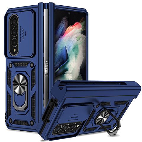 Funda Bumper Silicona y Plastico Mate Carcasa con Magnetico Anillo de dedo Soporte MQ6 para Samsung Galaxy Z Fold3 5G Azul