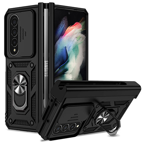 Funda Bumper Silicona y Plastico Mate Carcasa con Magnetico Anillo de dedo Soporte MQ6 para Samsung Galaxy Z Fold3 5G Negro