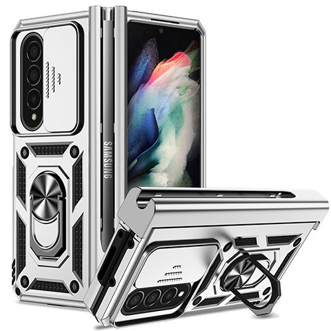 Funda Bumper Silicona y Plastico Mate Carcasa con Magnetico Anillo de dedo Soporte MQ6 para Samsung Galaxy Z Fold4 5G Plata