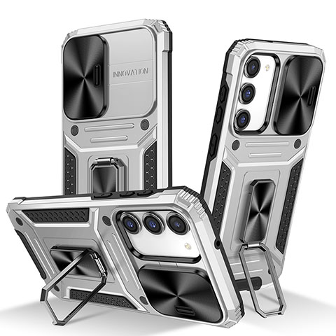 Funda Bumper Silicona y Plastico Mate Carcasa con Magnetico Anillo de dedo Soporte MQ7 para Samsung Galaxy S22 5G Plata