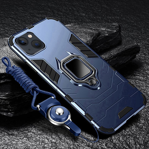 Funda Bumper Silicona y Plastico Mate Carcasa con Magnetico Anillo de dedo Soporte para Apple iPhone 13 Azul