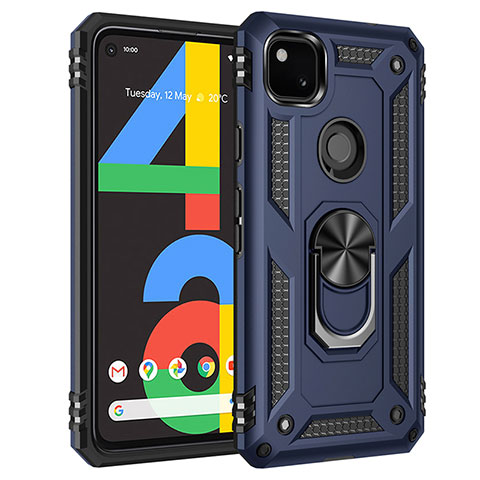 Funda Bumper Silicona y Plastico Mate Carcasa con Magnetico Anillo de dedo Soporte para Google Pixel 4a Azul