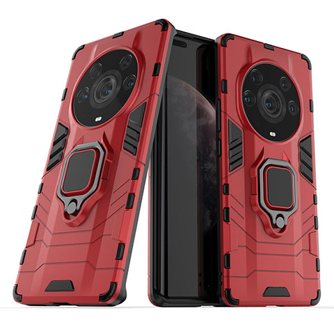 Funda Bumper Silicona y Plastico Mate Carcasa con Magnetico Anillo de dedo Soporte para Huawei Honor Magic3 Pro+ Plus 5G Rojo