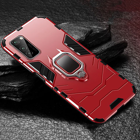 Funda Bumper Silicona y Plastico Mate Carcasa con Magnetico Anillo de dedo Soporte para Huawei Honor V30 5G Rojo