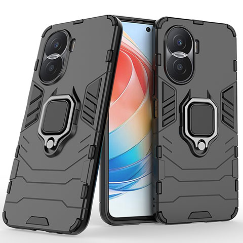 Funda Bumper Silicona y Plastico Mate Carcasa con Magnetico Anillo de dedo Soporte para Huawei Honor X40i 5G Negro