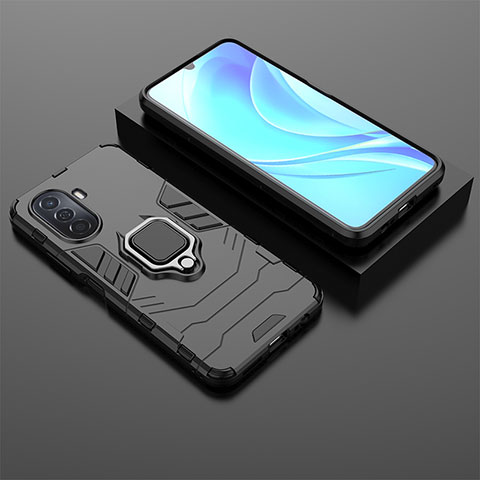 Funda Bumper Silicona y Plastico Mate Carcasa con Magnetico Anillo de dedo Soporte para Huawei Nova Y70 Plus Negro