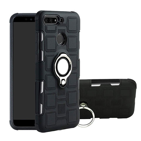 Funda Bumper Silicona y Plastico Mate Carcasa con Magnetico Anillo de dedo Soporte para Huawei Y6 Prime (2018) Negro