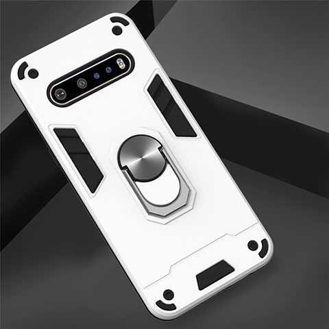 Funda Bumper Silicona y Plastico Mate Carcasa con Magnetico Anillo de dedo Soporte para LG V60 ThinQ 5G Blanco