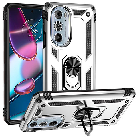 Funda Bumper Silicona y Plastico Mate Carcasa con Magnetico Anillo de dedo Soporte para Motorola Moto Edge Plus (2022) 5G Plata