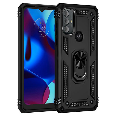 Funda Bumper Silicona y Plastico Mate Carcasa con Magnetico Anillo de dedo Soporte para Motorola Moto G Power (2022) Negro