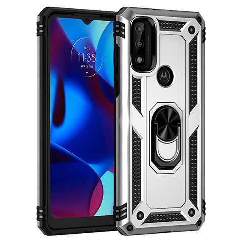 Funda Bumper Silicona y Plastico Mate Carcasa con Magnetico Anillo de dedo Soporte para Motorola Moto G Pure Plata