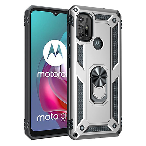 Funda Bumper Silicona y Plastico Mate Carcasa con Magnetico Anillo de dedo Soporte para Motorola Moto G10 Power Plata