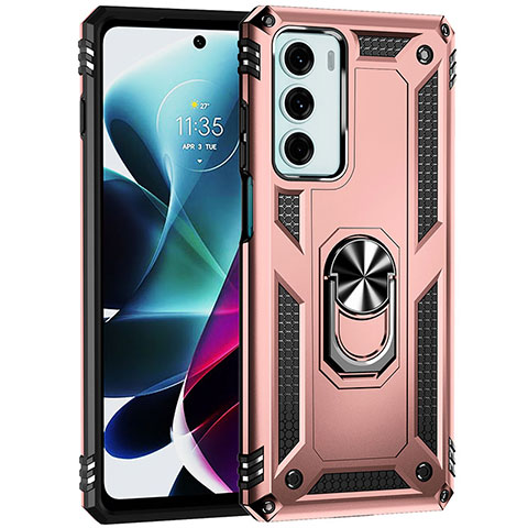 Funda Bumper Silicona y Plastico Mate Carcasa con Magnetico Anillo de dedo Soporte para Motorola Moto G200 5G Oro Rosa