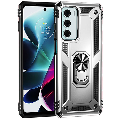 Funda Bumper Silicona y Plastico Mate Carcasa con Magnetico Anillo de dedo Soporte para Motorola Moto G200 5G Plata