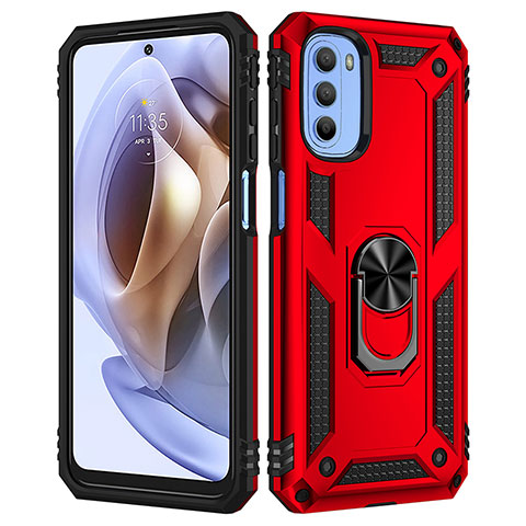 Funda Bumper Silicona y Plastico Mate Carcasa con Magnetico Anillo de dedo Soporte para Motorola Moto G31 Rojo