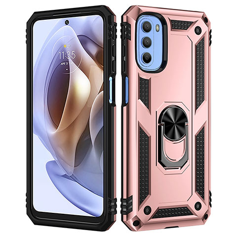 Funda Bumper Silicona y Plastico Mate Carcasa con Magnetico Anillo de dedo Soporte para Motorola Moto G41 Oro Rosa