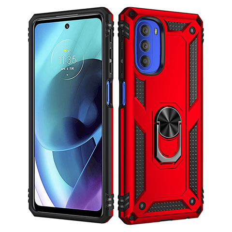 Funda Bumper Silicona y Plastico Mate Carcasa con Magnetico Anillo de dedo Soporte para Motorola Moto G51 5G Rojo