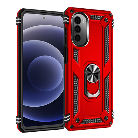 Funda Bumper Silicona y Plastico Mate Carcasa con Magnetico Anillo de dedo Soporte para Motorola MOTO G52 Rojo